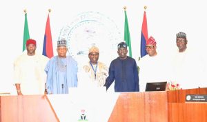 Deputy Speaker, House of Representatives, Hon. Benjamin Kalu; Vice President Kashim Shettima; newly sworn-in INEC Chairman, Prof. Joash Amupitan; President Bola Ahmed Tinubu; President of the Senate, Sen. Godswill Akpabio, and Kwara State Governor and Chairman of NGF, AbdulRahman AbdulRazaq, at the swearing-in of the Chairman of Independent National Electoral Commission (INEC), Professor Joash Amupitan at the State House Abuja. Thursday, October 23, 2025
