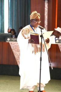 Professor Joash Amupitan, takes the oath of office as the Chairman of Independent National Electoral Commission (INEC), at the Council Chamber, State House Abuja. Thursday, October 23, 2025